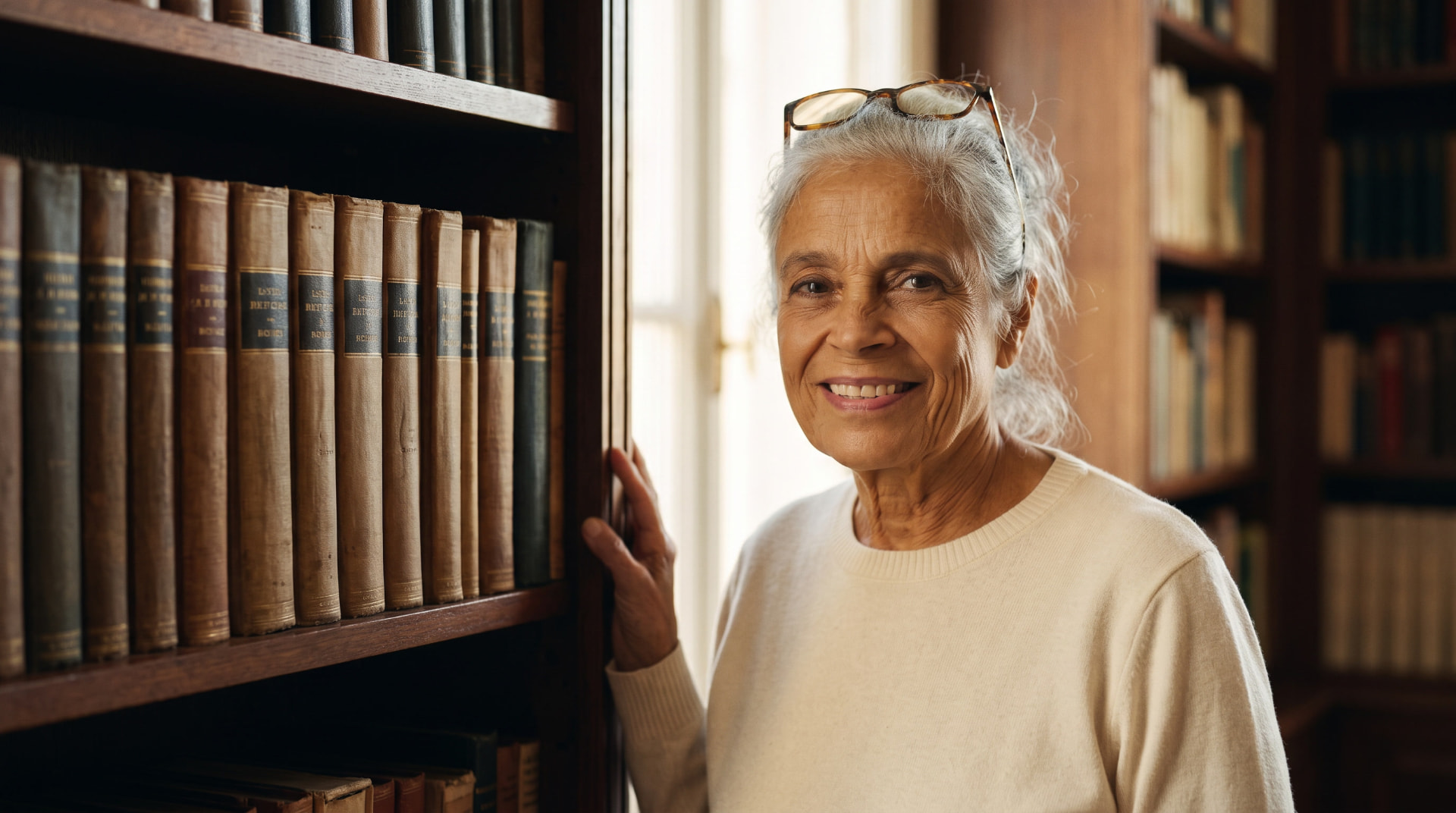 Eleanor Winters, host of Golden Chapters, beside a tall bookshelf