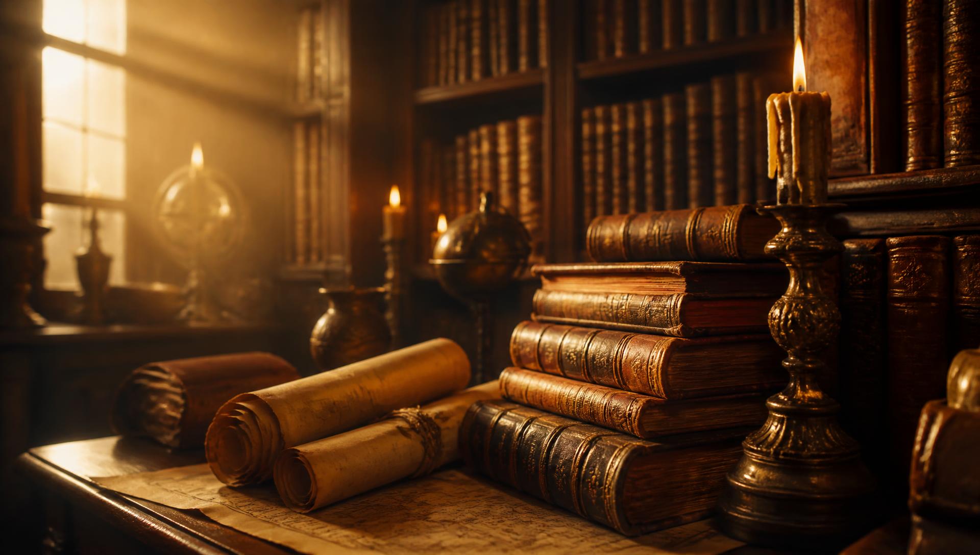 Candlelit antique library with leather-bound books and parchment scrolls